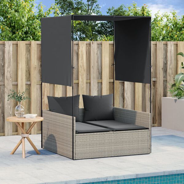 vidaXL Double Sun Lounger with Roof and Curtains Light Grey Poly Rattan