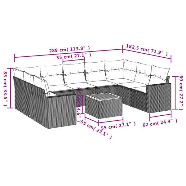 vidaXL 10 Piece Garden Sofa Set with Cushions Grey Poly Rattan