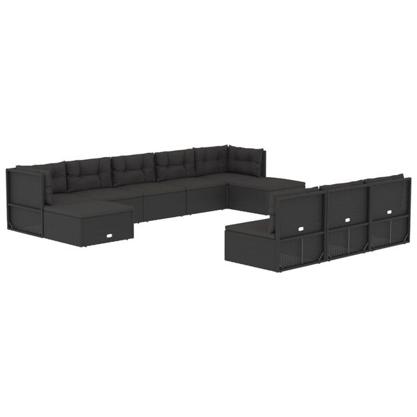 vidaXL 10 Piece Outdoor Sofa Set with Cushions Black Poly Rattan