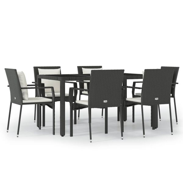 vidaXL 7 Piece Garden Dining Set with Cushions Black Poly Rattan