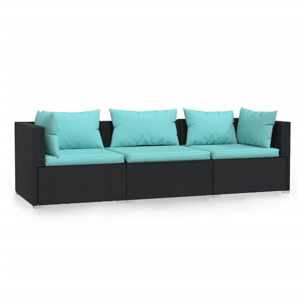 vidaXL 3-Seater Sofa with Cushions Black Poly Rattan