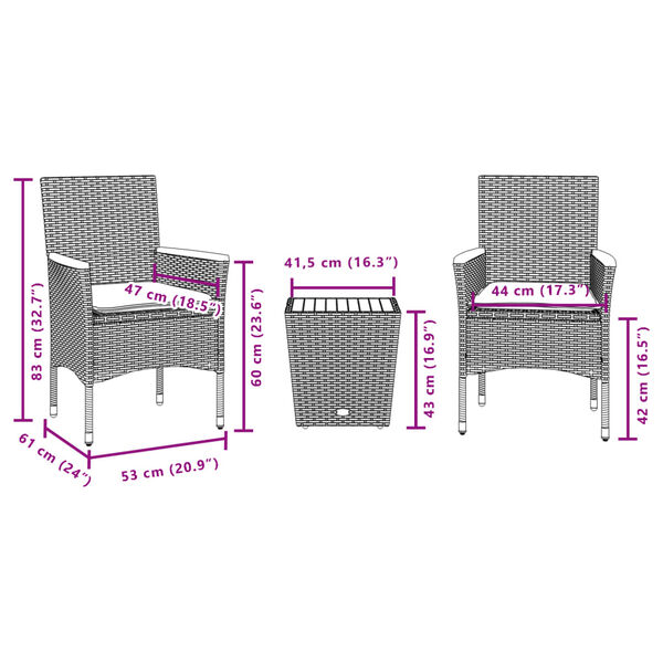 vidaXL 3 Piece Bistro Set with Cushions Black Poly Rattan and Glass