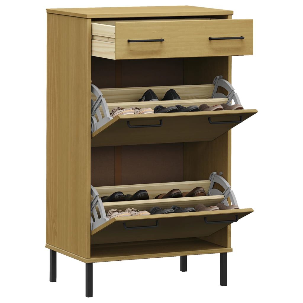 vidaXL Shoe Rack with Metal Legs Brown Solid Wood Pine OSLO