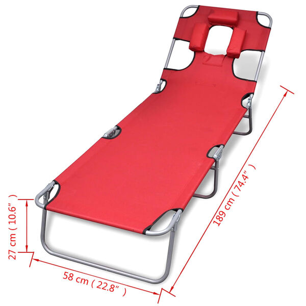 vidaXL Folding Sun Lounger with Head Cushion Powder-coated Steel Red