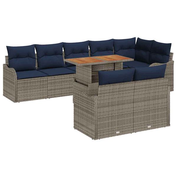 vidaXL Garden Sofa Set 9 pcs Grey and Navy Blue Poly Rattan