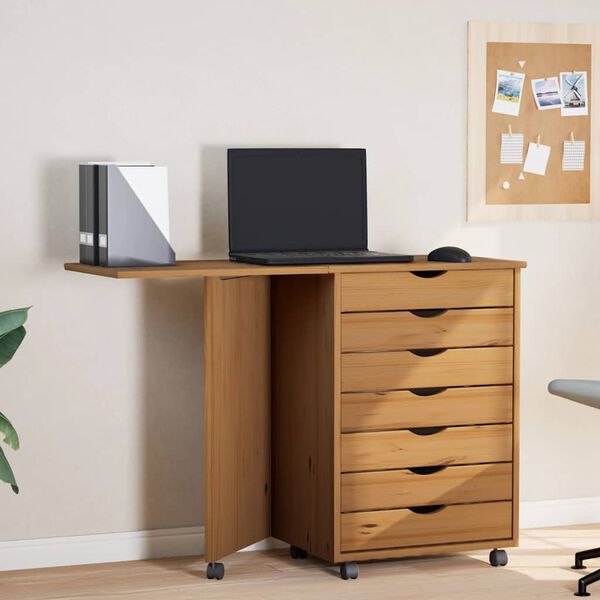 vidaXL Rolling Cabinet with Desk MOSS Honey Brown Solid Wood Pine