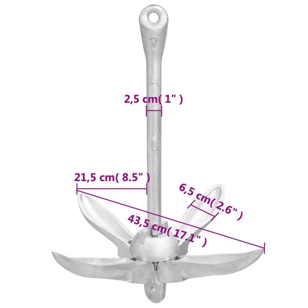 vidaXL Folding Anchor Silver 6 kg Hot Dip Galvanized Cast Iron