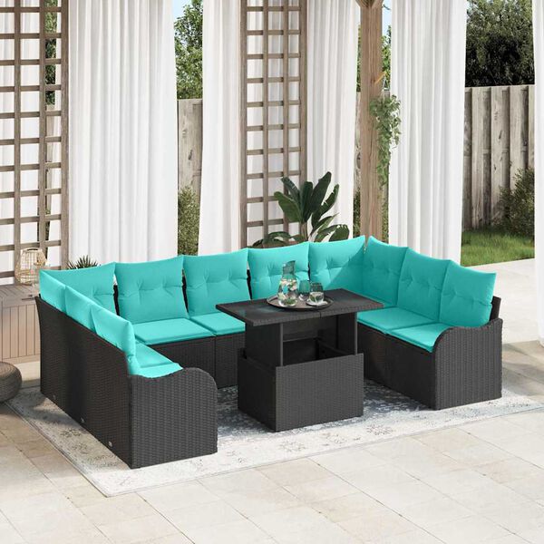 vidaXL Garden Sofa Set with Cushion 10 pcs Black Poly rattan