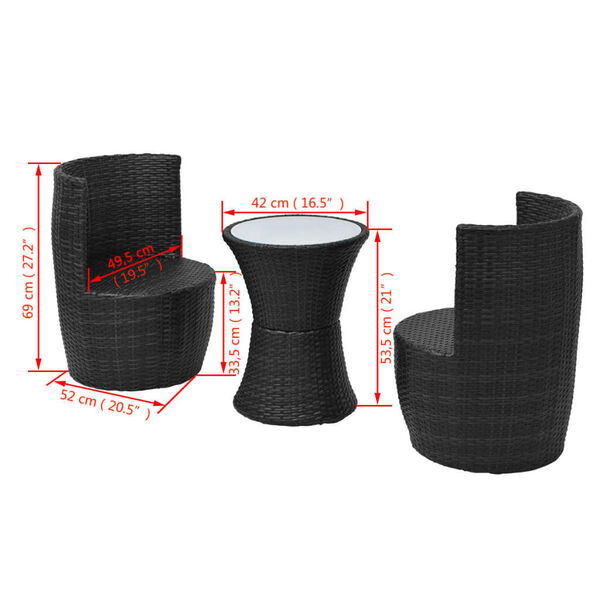vidaXL 3 Piece Bistro Set with Cushions Poly Rattan Black