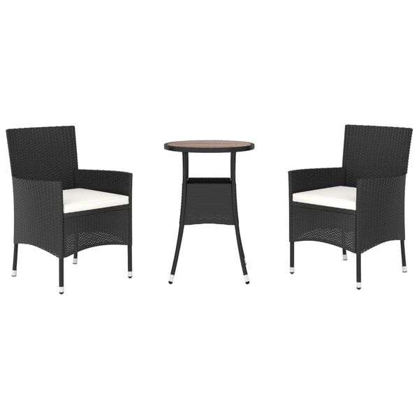vidaXL 3 Piece Garden Bistro Set with Cushions Black Poly Rattan