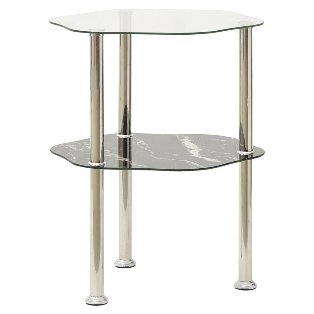 vidaXL 2-Tier Side Table Transparent & Black Marble 38x38x50cm Tempered Glass