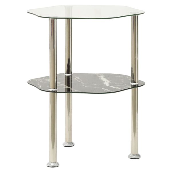 vidaXL 2-Tier Side Table Transparent & Black Marble 38x38x50cm Tempered Glass
