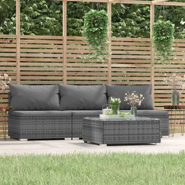 vidaXL 4 Piece Garden Lounge Set with Cushions Grey Poly Rattan