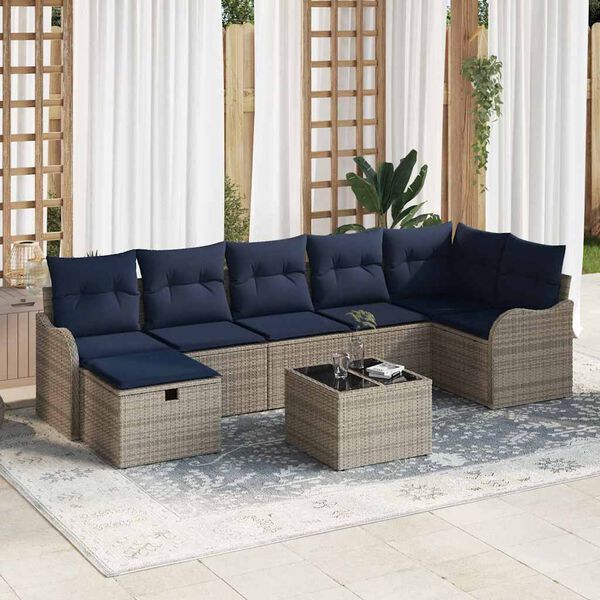 vidaXL Sofa Set with Cushion with Storage Grey and Navy Poly Rattan
