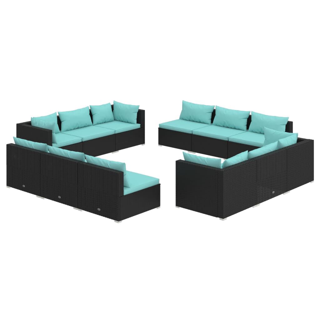 vidaXL 12 Piece Garden Lounge Set with Cushions Poly Rattan Black