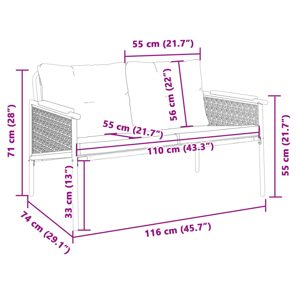 vidaXL Garden Bench with Cushions 116 cm Black Steel
