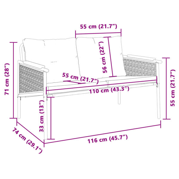 vidaXL Garden Bench with Cushions 116 cm Black Steel