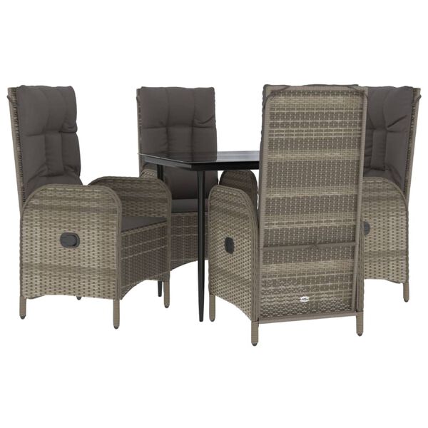 vidaXL 5 Piece Garden Dining Set with Cushions Black and Grey Poly Rattan