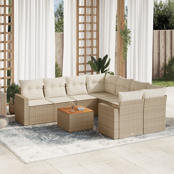 vidaXL 9 Piece Garden Sofa Set with Cushions Beige Poly Rattan