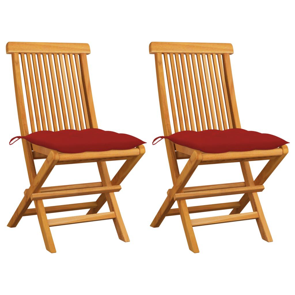 vidaXL Garden Chairs with Red Cushions 2 pcs Solid Teak Wood