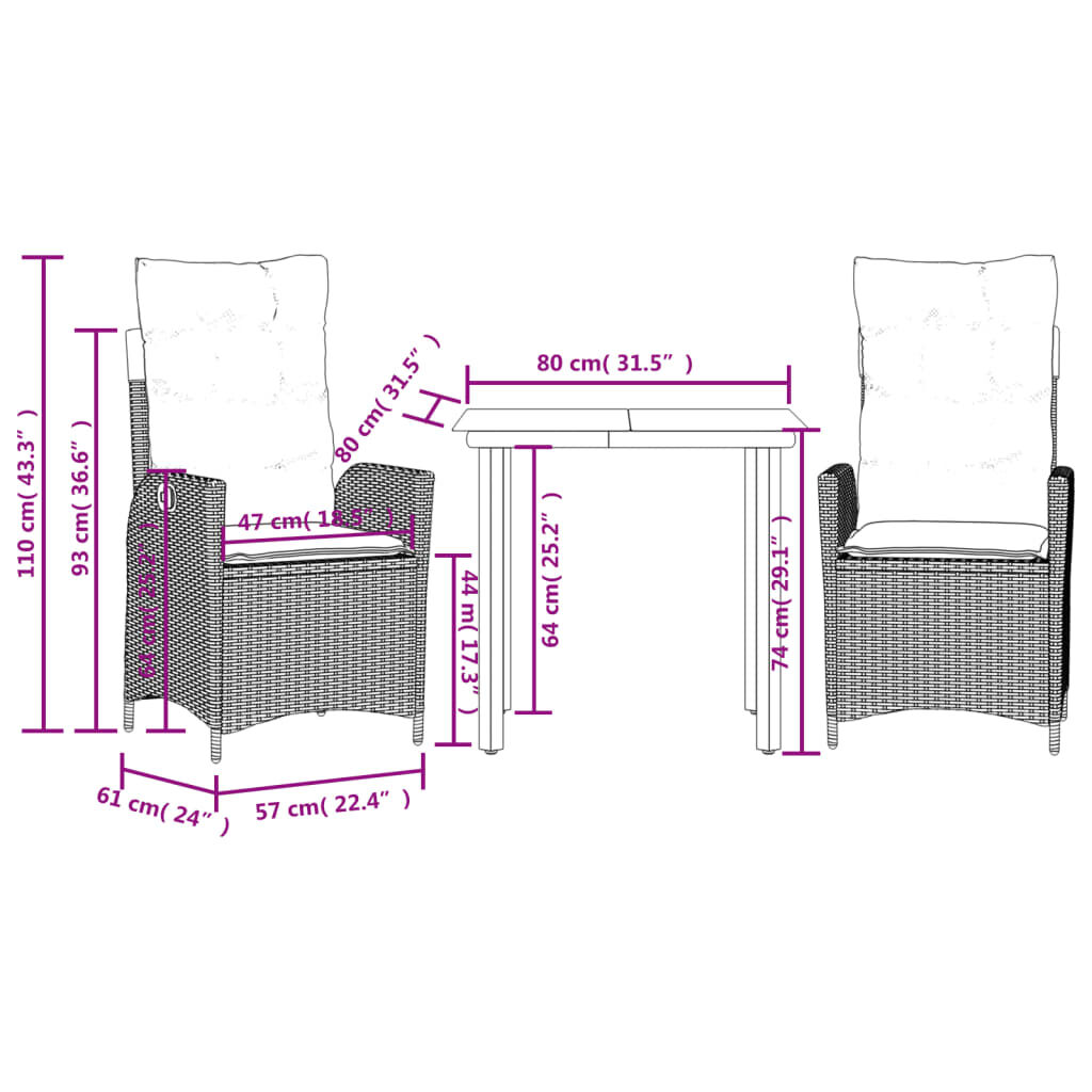 vidaXL 3 Piece Garden Dining Set with Cushions Black Poly Rattan