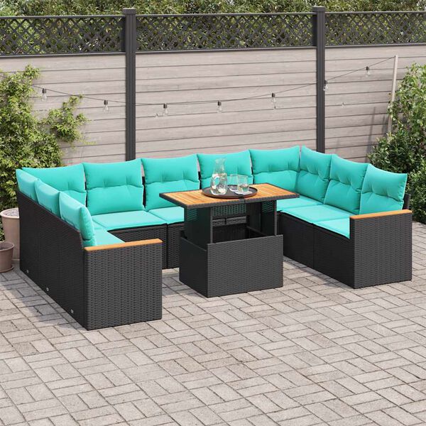 vidaXL 10 Piece Garden Sofa Set with Cushions Black Poly Rattan