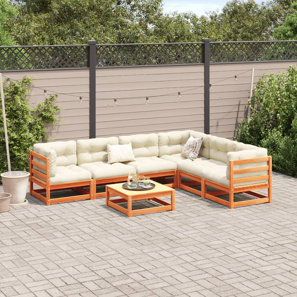 vidaXL 7 Piece Garden Sofa Set with Cushions Wax Brown Solid Wood Pine