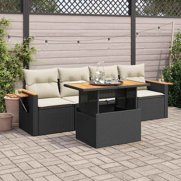 vidaXL 5 Piece Garden Sofa Set with Cushions Black Poly Rattan Acacia