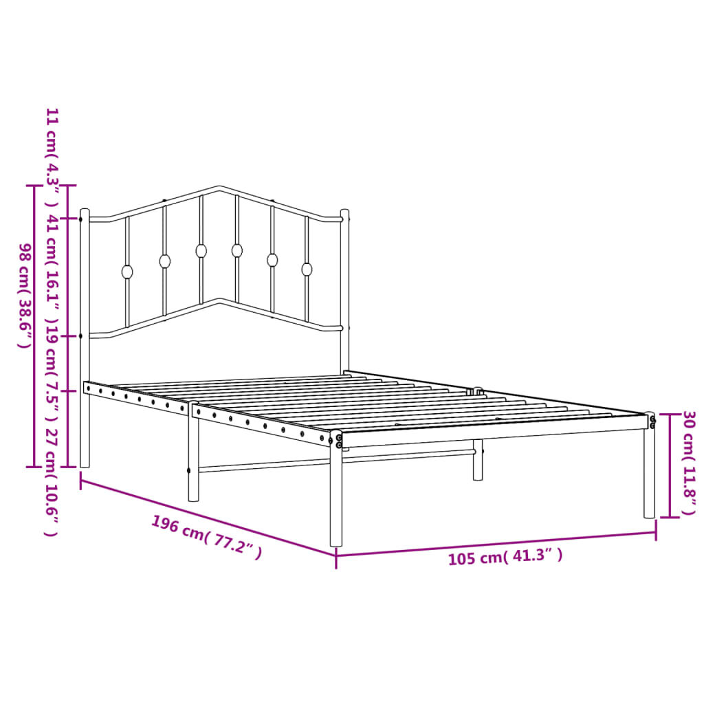 vidaXL Metal Bed Frame without Mattress with Headboard White 100x190cm