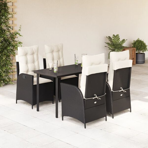 vidaXL 5 Piece Garden Dining Set with Cushions Black Poly Rattan