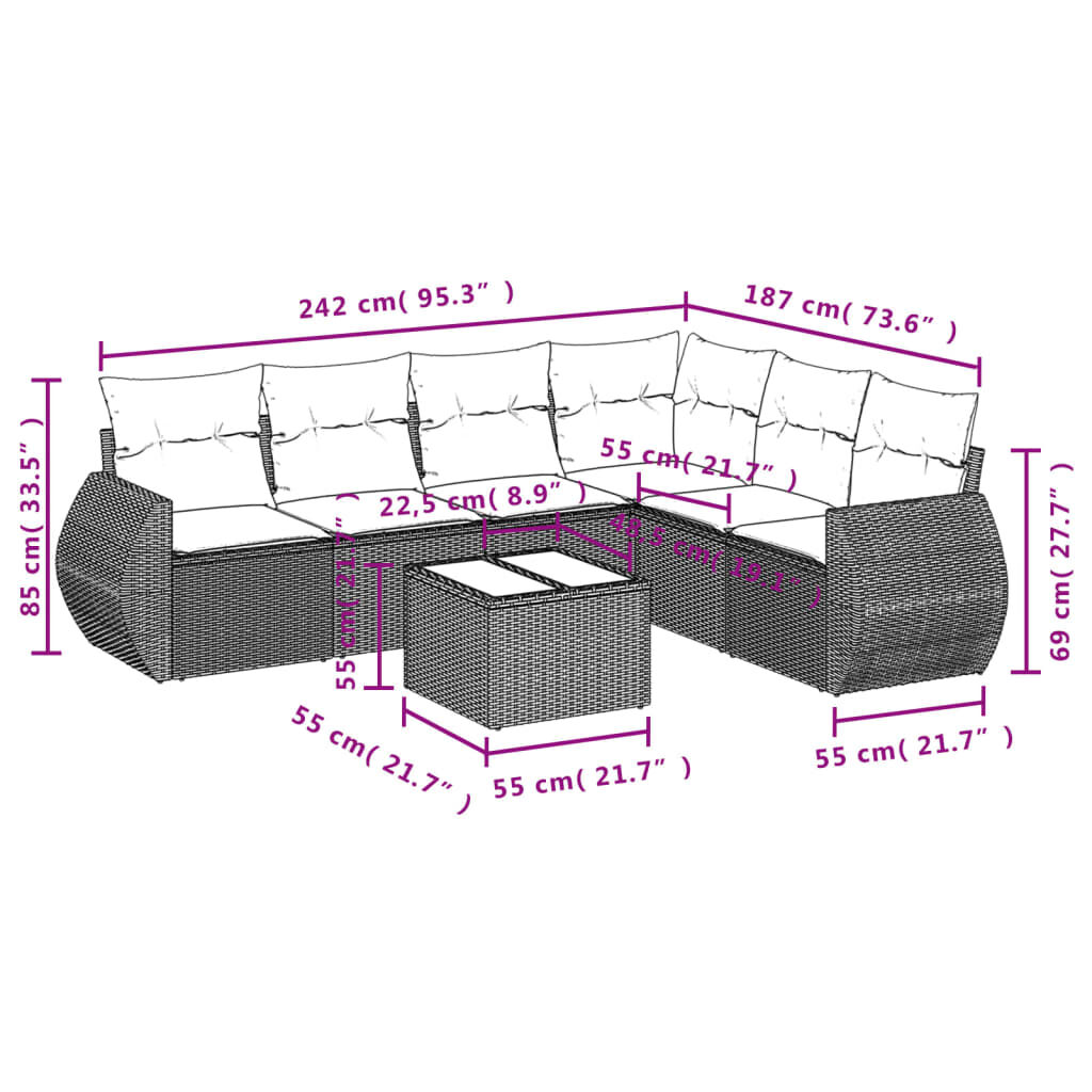 vidaXL 7 Piece Garden Sofa Set with Cushions Black Poly Rattan