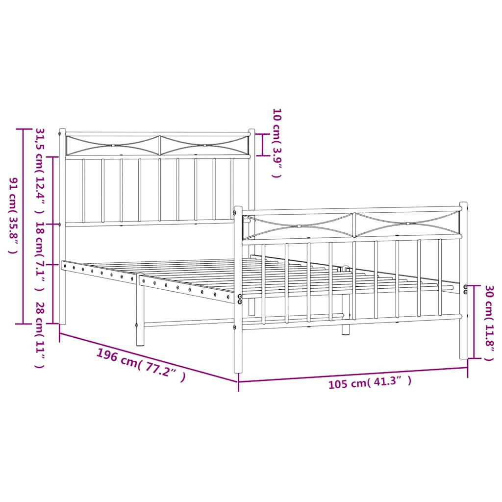 vidaXL Metal Bed Frame without Mattress with Footboard Black 100x190cm