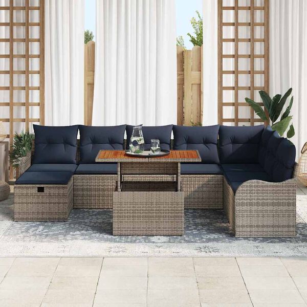 vidaXL Garden Sofa Set with Cushion 9 pcs Grey Poly Rattan
