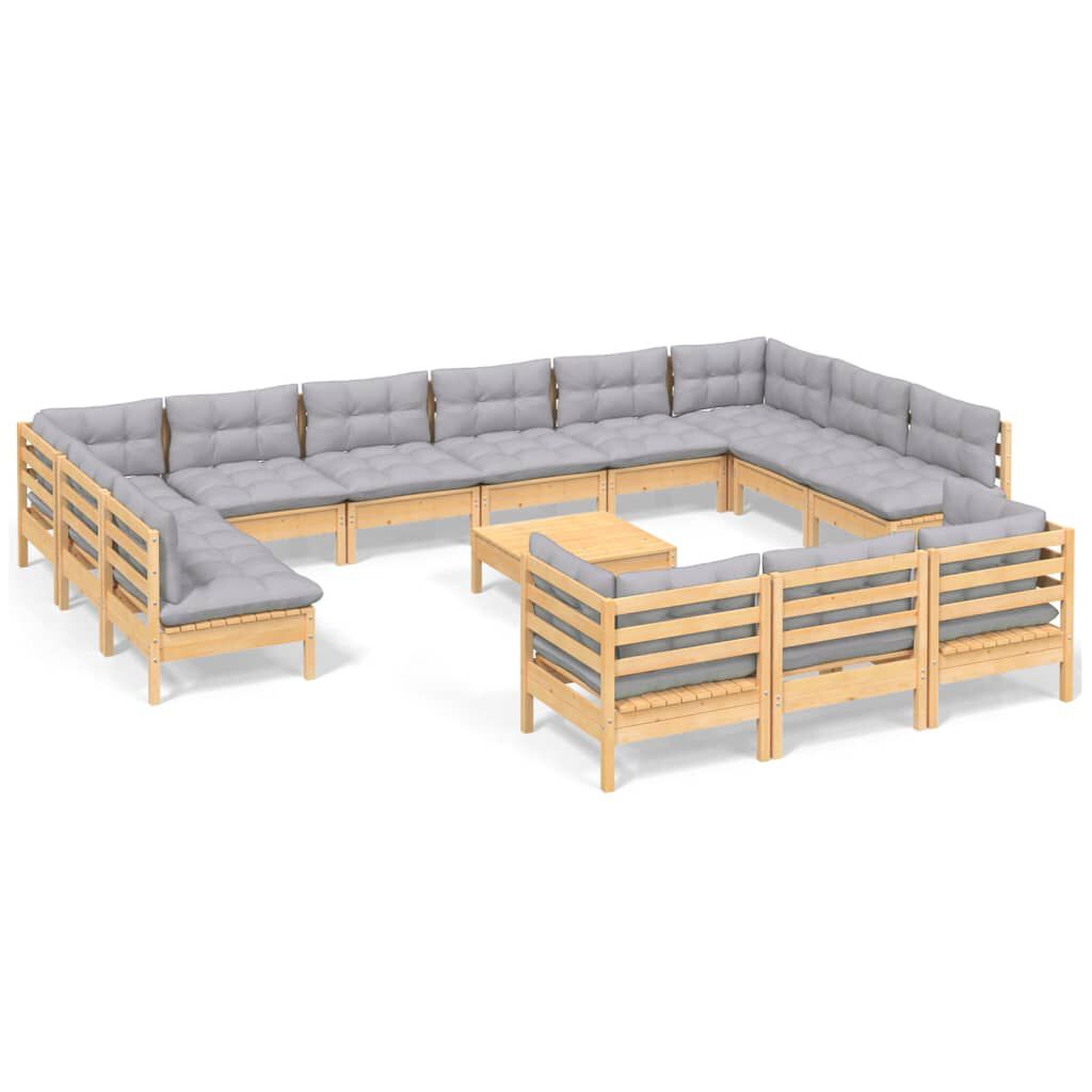 vidaXL 14 Piece Garden Lounge Set with Grey Cushions Pinewood