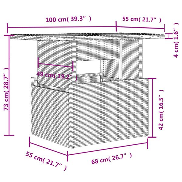 vidaXL Garden Table with Glass Top Brown 100x55x73 cm Poly Rattan