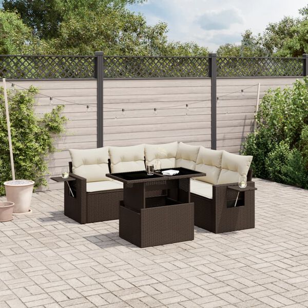 vidaXL 6 Piece Garden Sofa Set with Cushions Brown Poly Rattan