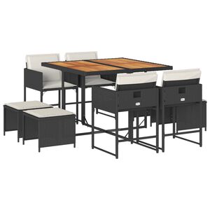 vidaXL 9 Piece Garden Dining Set with Cushions Black Poly Rattan