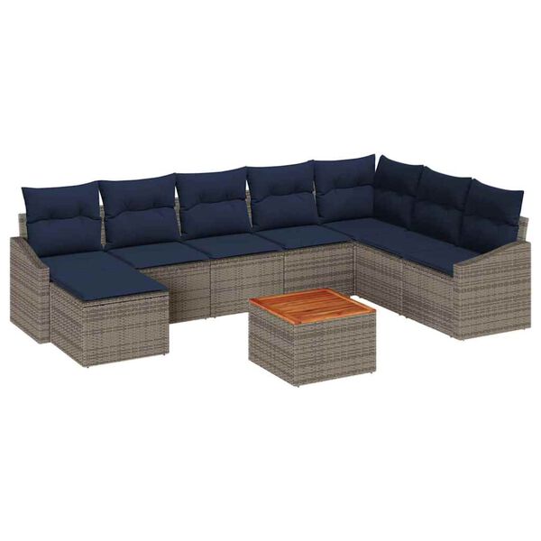 vidaXL Garden Sofa Set with Cushion 9 pcs Grey Poly Rattan