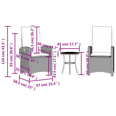 vidaXL 3 Piece Bistro Set with Cushions Grey Poly Rattan