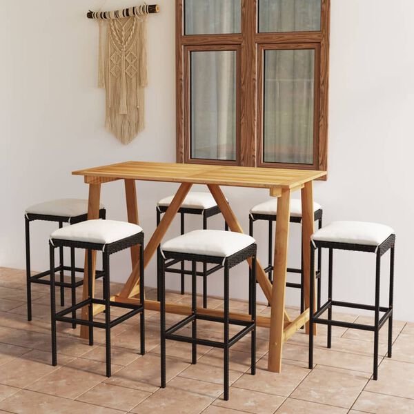 vidaXL 7 Piece Garden Bar Set with Cushions Black