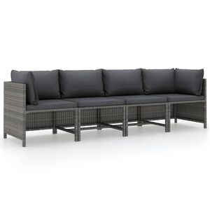 vidaXL 4-Seater Garden Sofa with Cushions Grey Poly Rattan