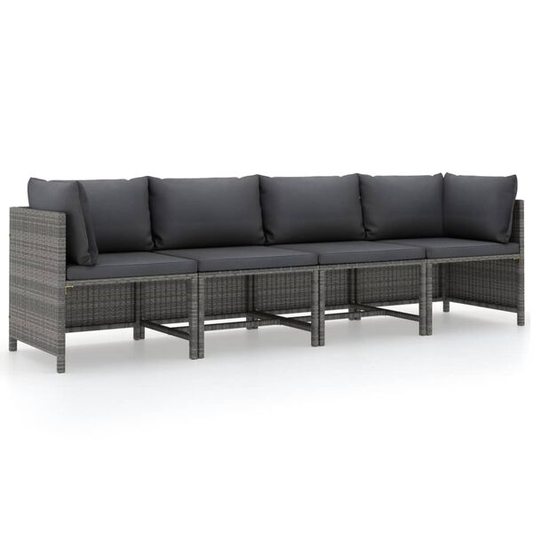 vidaXL 4-Seater Garden Sofa with Cushions Grey Poly Rattan