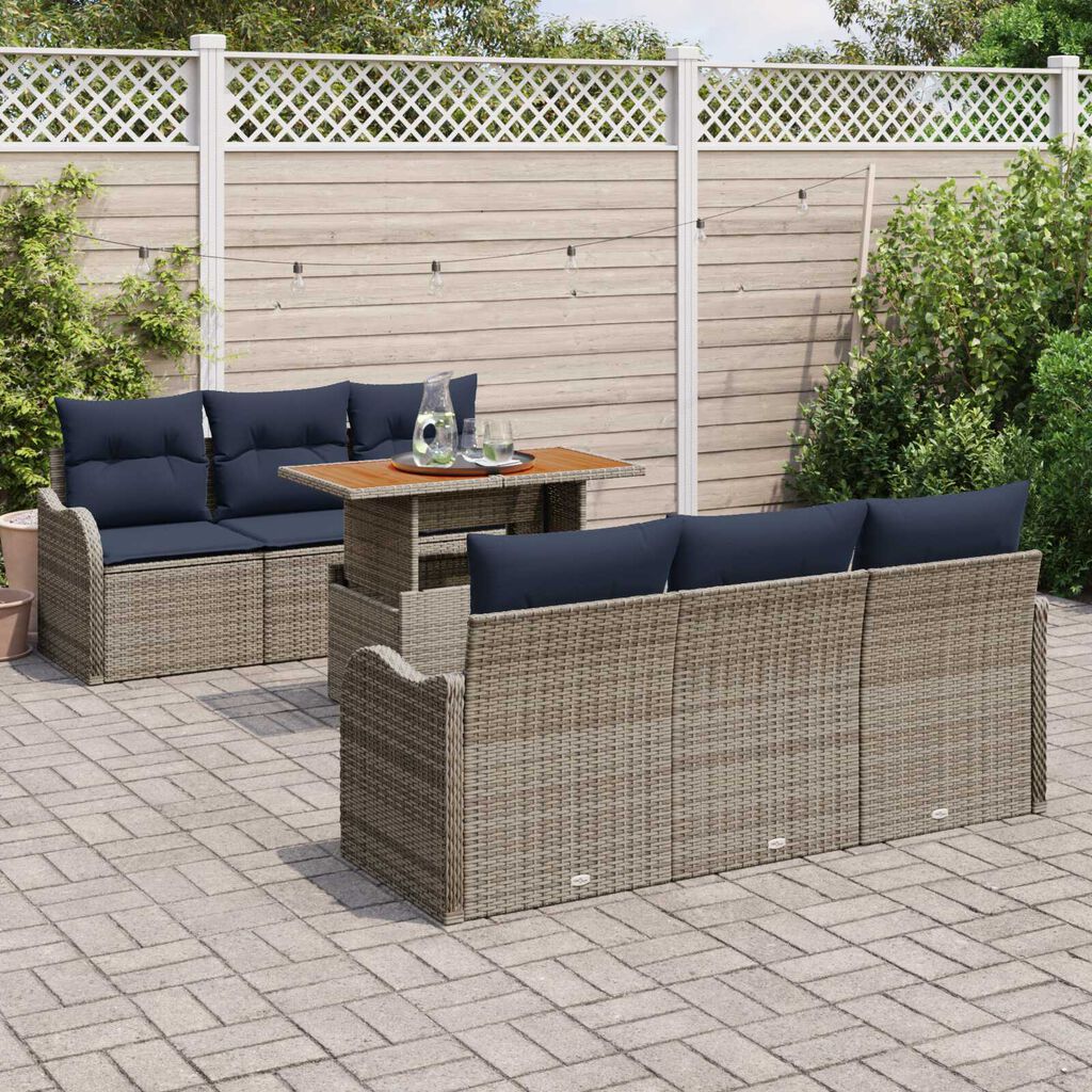 vidaXL 7 Piece Garden Sofa Set with Cushions Grey Poly Rattan Acacia