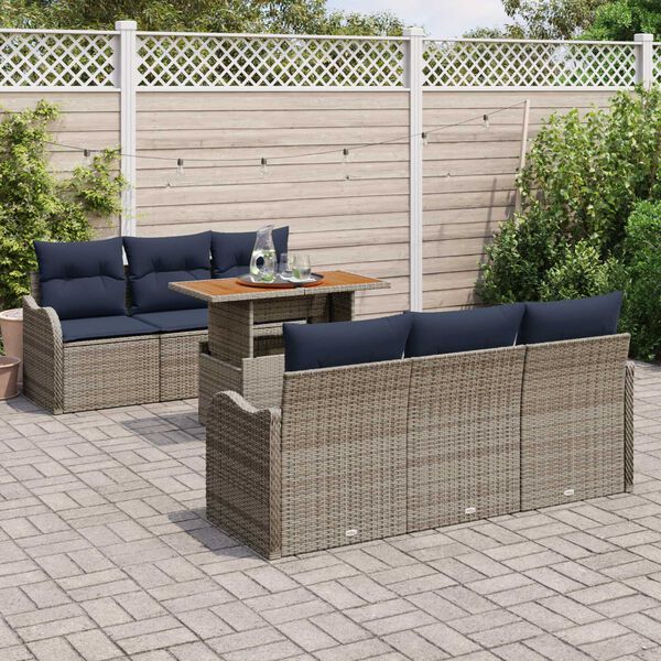 vidaXL 7 Piece Garden Sofa Set with Cushions Grey Poly Rattan Acacia