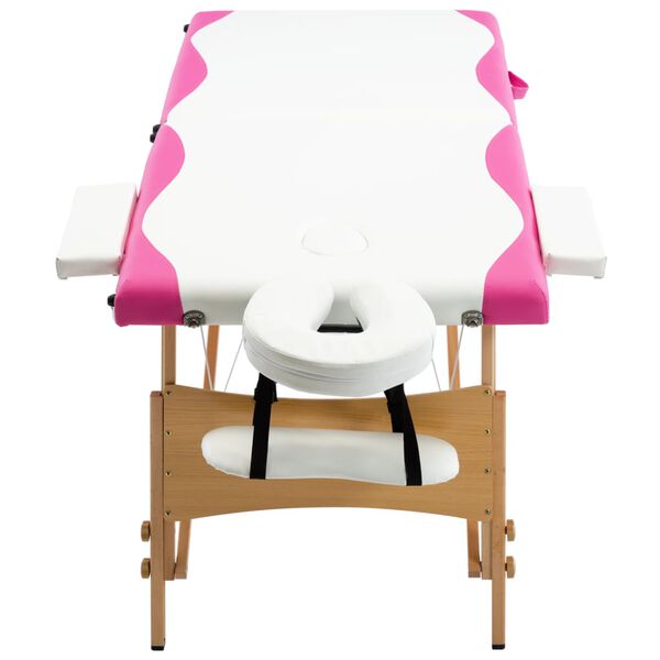 vidaXL Foldable Massage Table 2 Zones Wood White and Pink