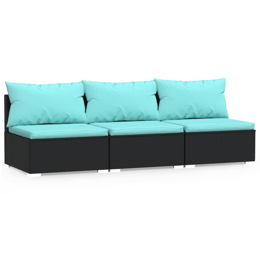 vidaXL 3-Seater Sofa with Cushions Black Poly Rattan