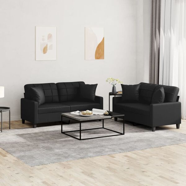 vidaXL 2 Piece Sofa Set with Pillows Black Faux Leather