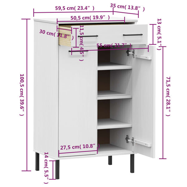 vidaXL Shoe Rack with Metal Legs White Solid Wood Pine OSLO