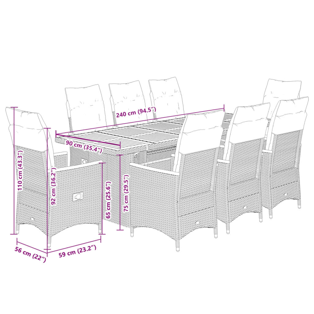 vidaXL 9 Piece Garden Bistro Set with Cushions Black Poly Rattan