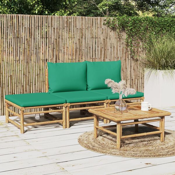 vidaXL 4 Piece Garden Lounge Set with Green Cushions Bamboo